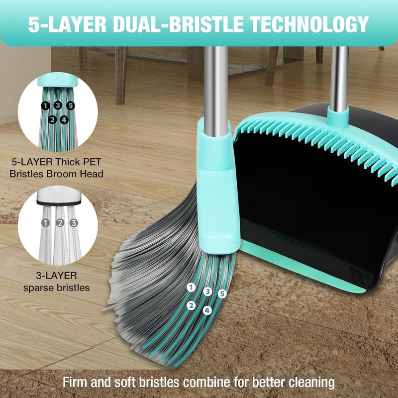borinlan Broom with Dustpan Combo Set,Pet Hair Rubber Broom with Carpet Rake and Squeegee,Long Handle Broom with Upright Standing Dustpan for Indoor Cleaning (Broom and Rubber Broom) - Image 3